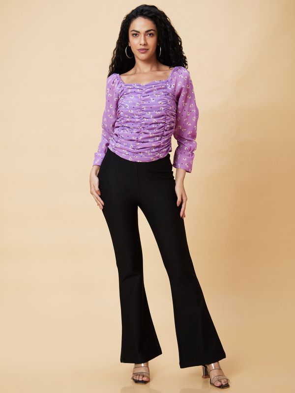 Globus Women Purple Floral Print Square Neck Smocked Casual Top