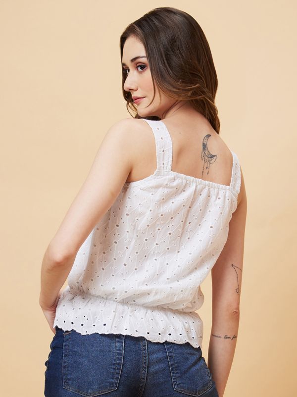 Globus Women White Self Design Schiffli Top