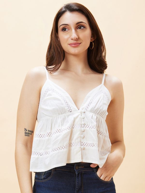 Globus Women Off White Schiffli Self Design Strappy Bralette Crop Top