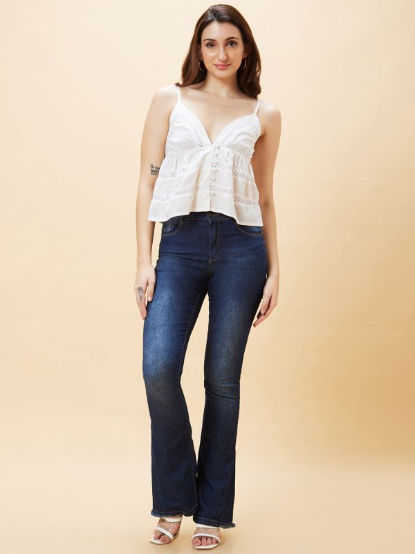 Globus Women Off White Schiffli Self Design Strappy Bralette Crop Top