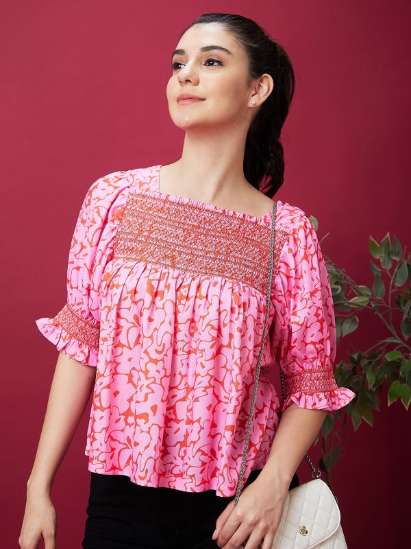 Globus Women Pink Abstract Print Smocked Casual Top
