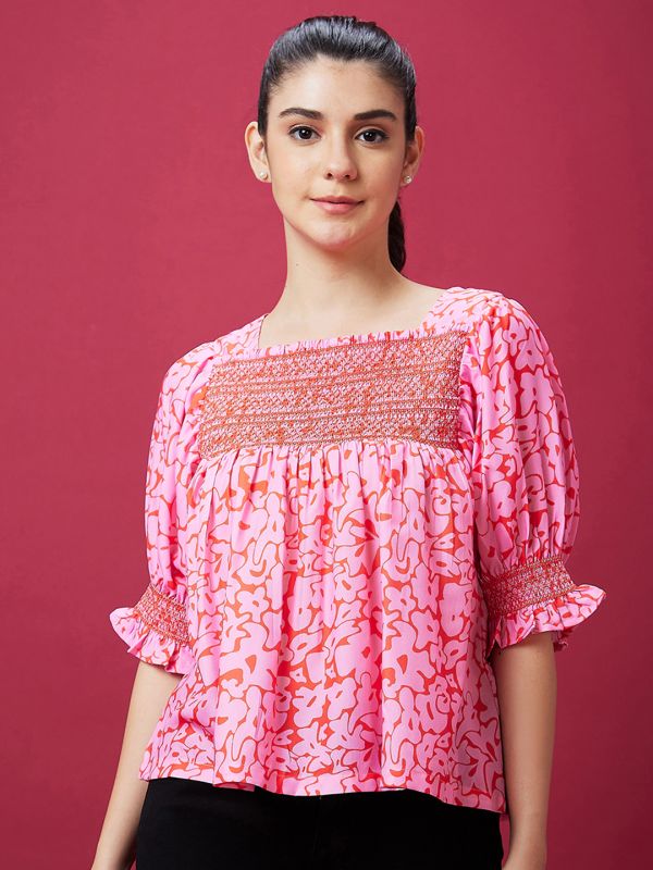 Globus Women Pink Abstract Print Smocked Casual Top