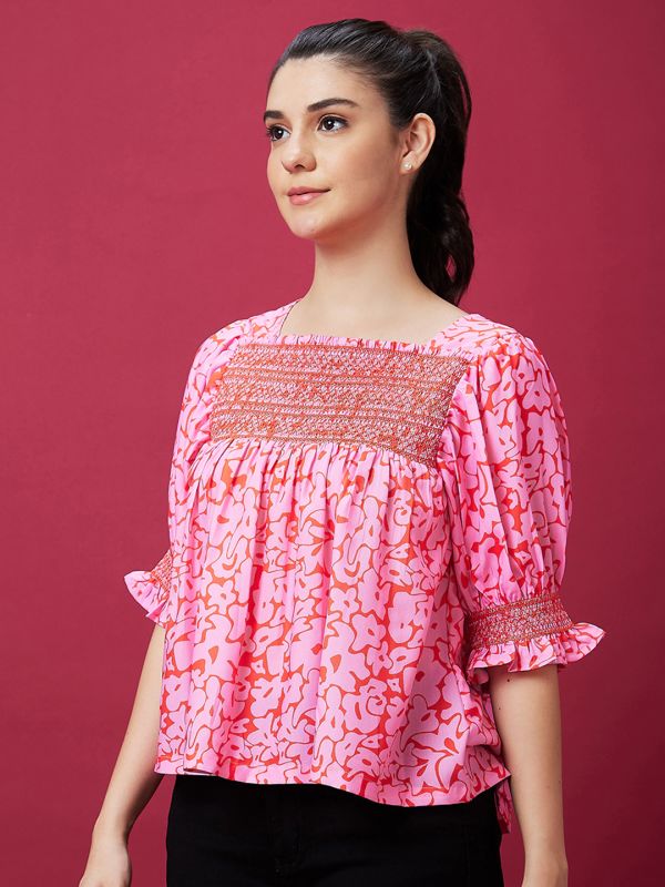 Globus Women Pink Abstract Print Smocked Casual Top