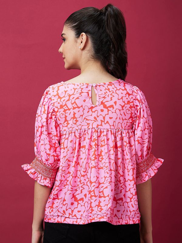 Globus Women Pink Abstract Print Smocked Casual Top