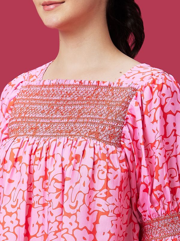 Globus Women Pink Abstract Print Smocked Casual Top