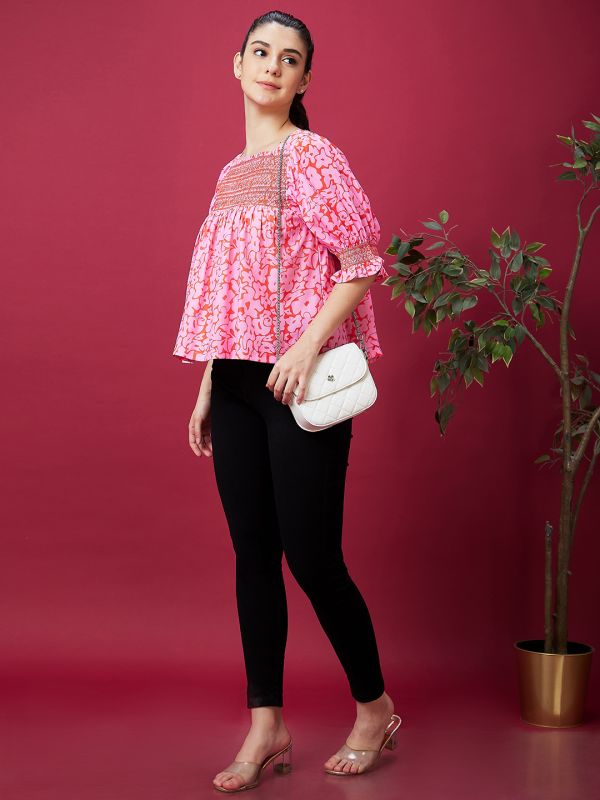 Globus Women Pink Abstract Print Smocked Casual Top