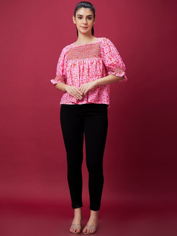 Globus Women Pink Abstract Print Smocked Casual Top