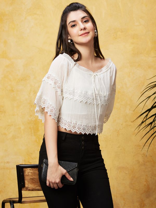 Globus Women Off-White Solid Round Neck Lace Insert Casual Crop Top