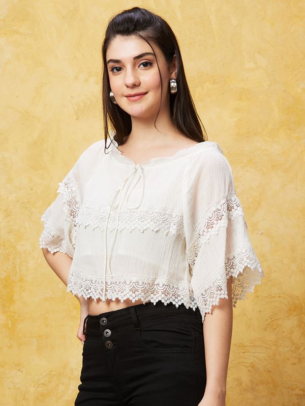 Globus Women Off-White Solid Round Neck Lace Insert Casual Crop Top