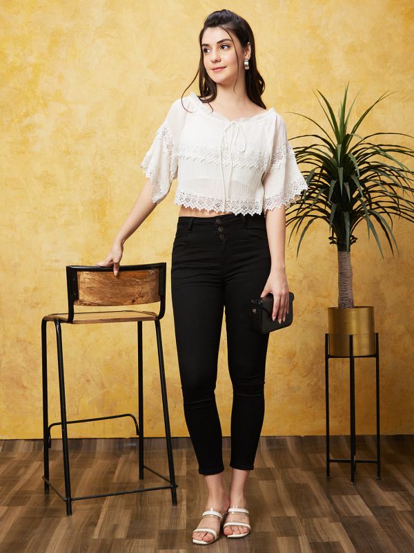 Globus Women Off-White Solid Round Neck Lace Insert Casual Crop Top