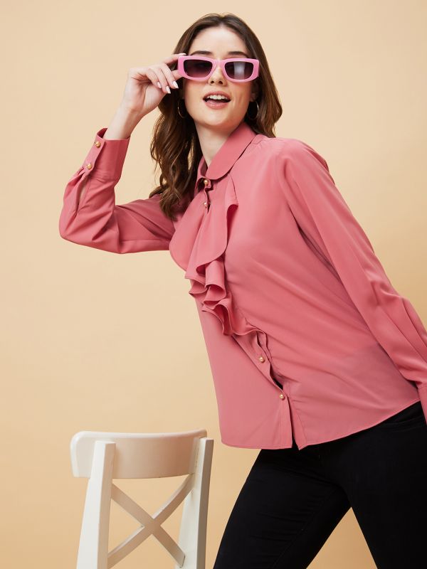Globus Women Pink Solid Ruffle Shirt Style Top