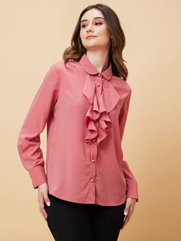 Globus Women Pink Solid Ruffle Shirt Style Top