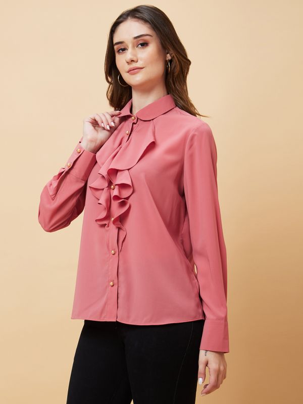 Globus Women Pink Solid Ruffle Shirt Style Top
