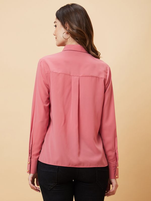 Globus Women Pink Solid Ruffle Shirt Style Top