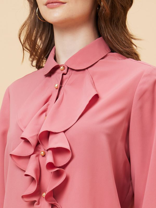 Globus Women Pink Solid Ruffle Shirt Style Top