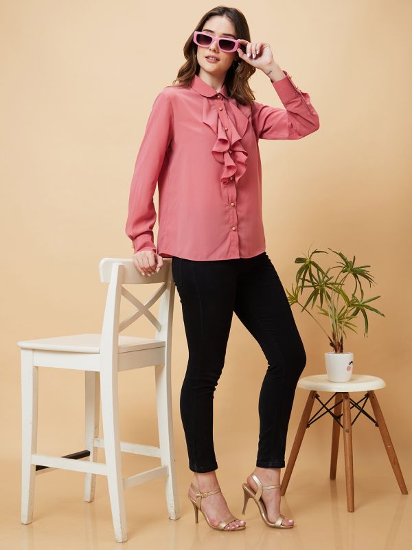 Globus Women Pink Solid Ruffle Shirt Style Top