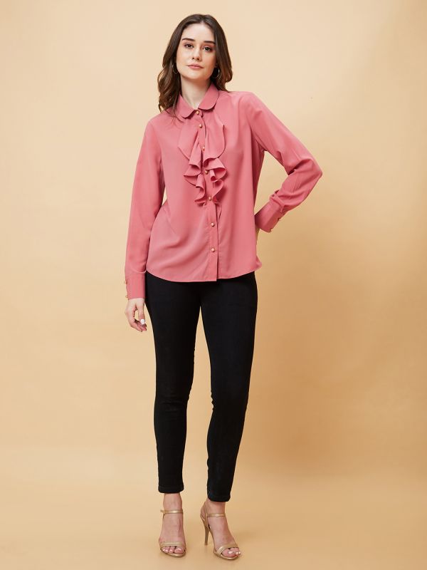 Globus Women Pink Solid Ruffle Shirt Style Top