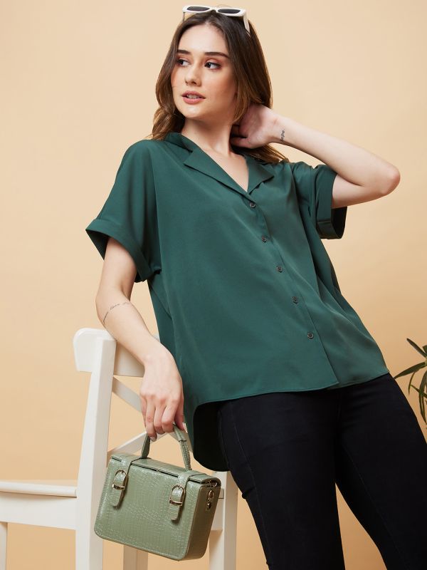 Globus Women Green Solid Open Collar Shirt Style Top