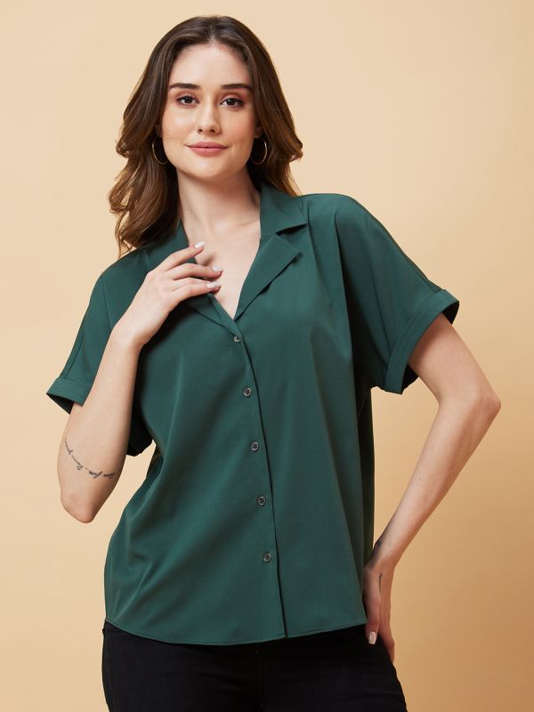 Globus Women Green Solid Open Collar Shirt Style Top
