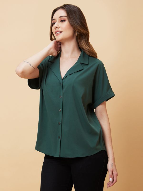 Globus Women Green Solid Open Collar Shirt Style Top