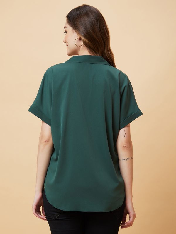 Globus Women Green Solid Open Collar Shirt Style Top