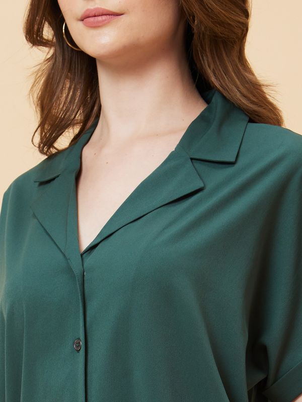 Globus Women Green Solid Open Collar Shirt Style Top
