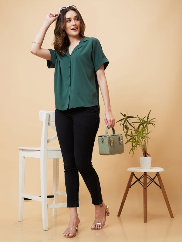 Globus Women Green Solid Open Collar Shirt Style Top