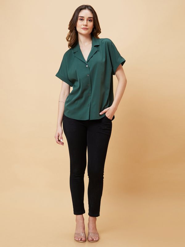 Globus Women Green Solid Open Collar Shirt Style Top