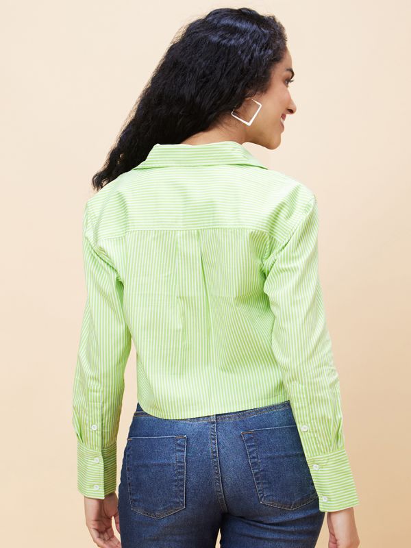 Globus Women Green Striped Casual Shirt Style Crop Top