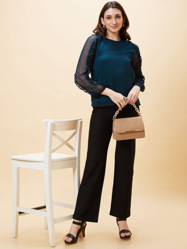 Globus Women Teal Self Design Round Neck Ruffled Top