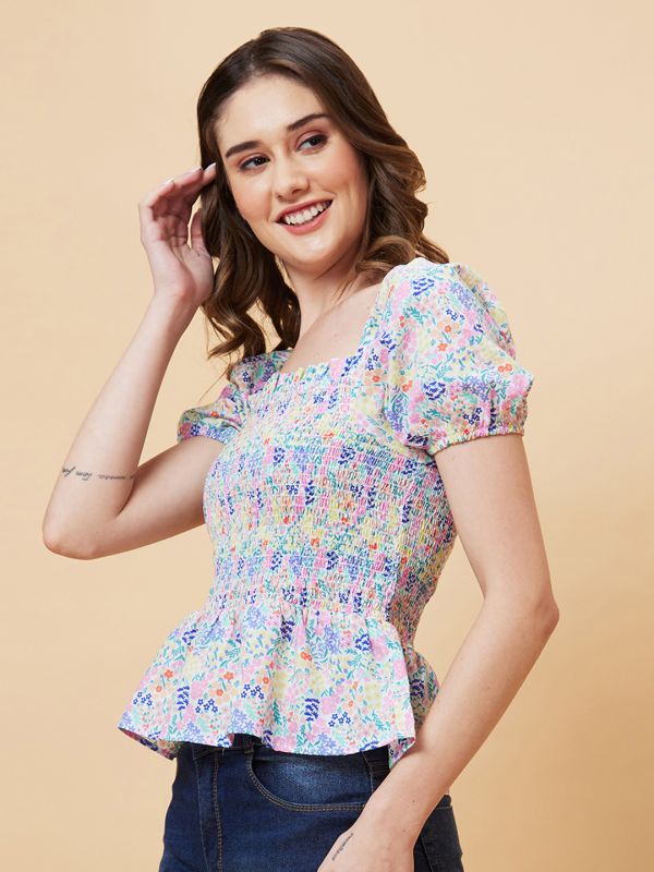 Globus Women Multicolor Floral Print Smocked Top