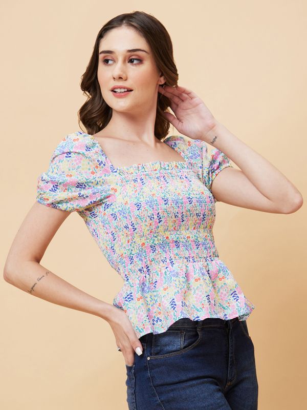 Globus Women Multicolor Floral Print Smocked Top