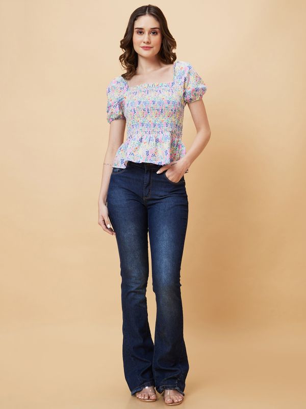 Globus Women Multicolor Floral Print Smocked Top