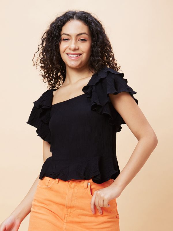 Globus Women Black Solid Square Neck Smocked Casual Top