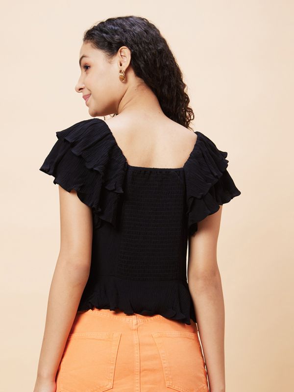Globus Women Black Solid Square Neck Smocked Casual Top