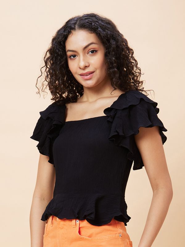 Globus Women Black Solid Square Neck Smocked Casual Top