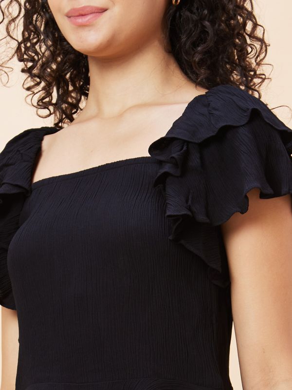 Globus Women Black Solid Square Neck Smocked Casual Top