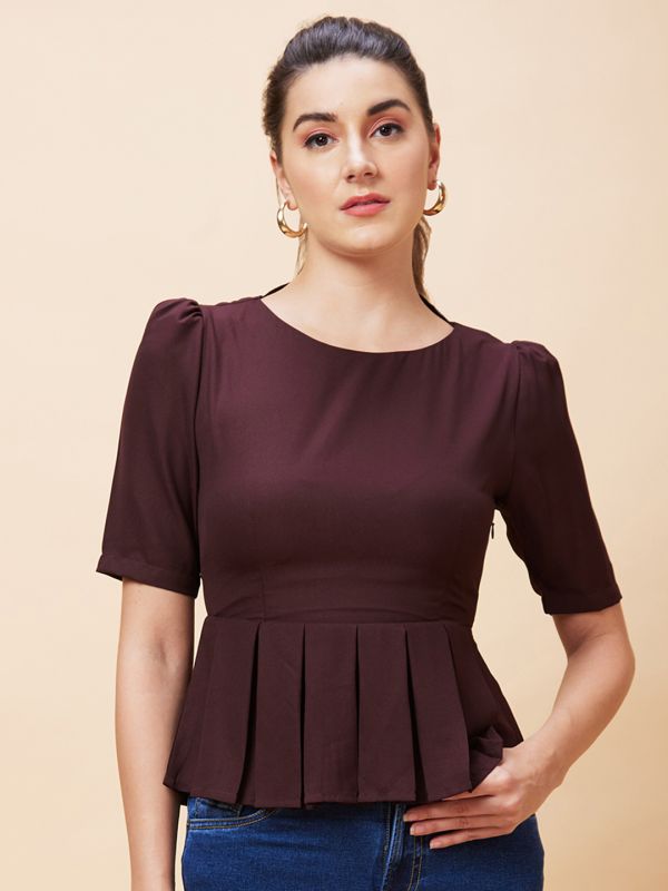 Globus Women Brown Solid Round Neck Pleated Casual Top