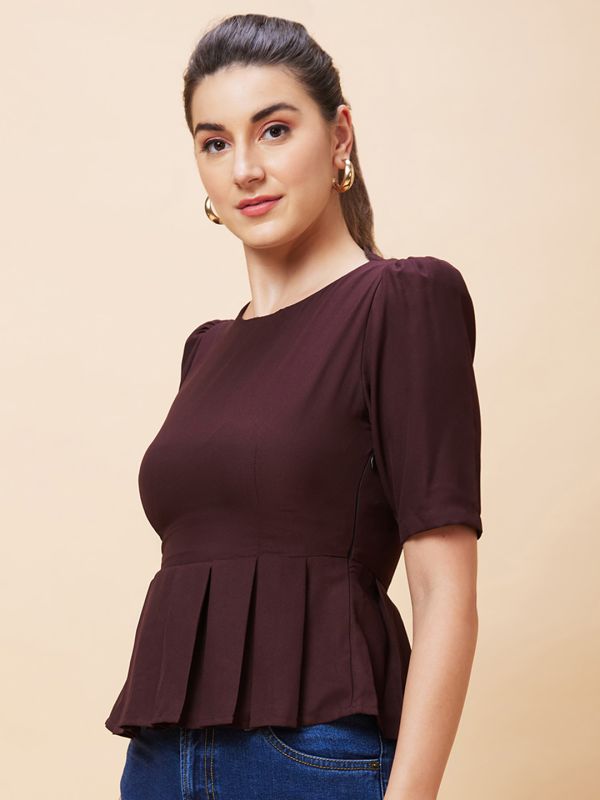 Globus Women Brown Solid Round Neck Pleated Casual Top