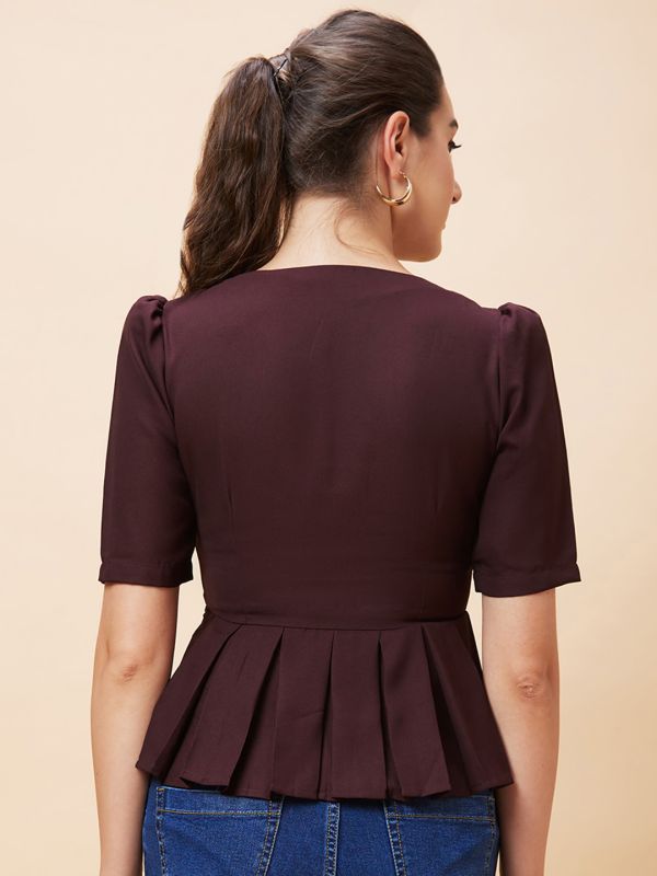 Globus Women Brown Solid Round Neck Pleated Casual Top