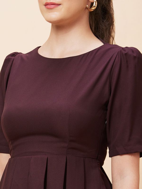 Globus Women Brown Solid Round Neck Pleated Casual Top