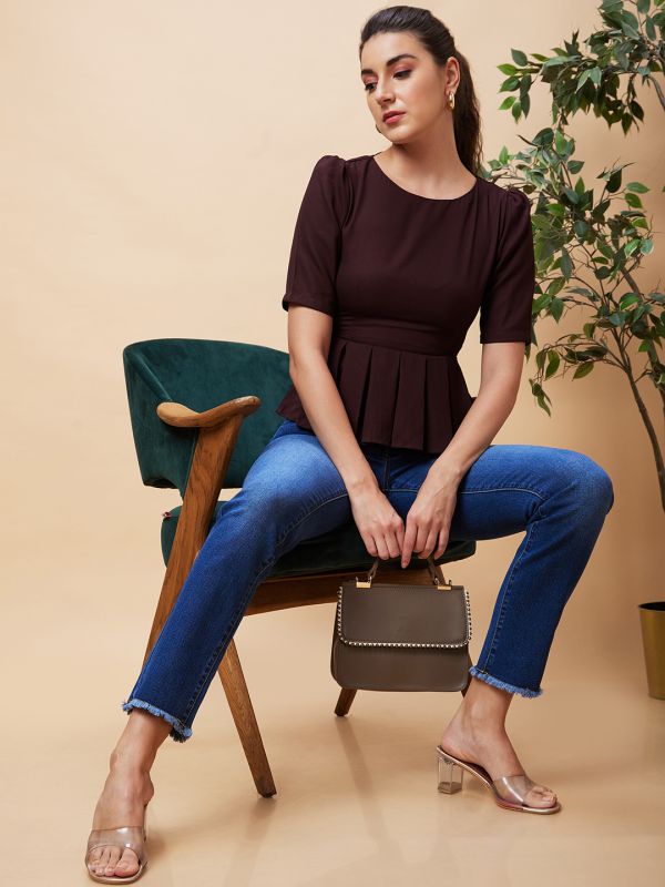 Globus Women Brown Solid Round Neck Pleated Casual Top