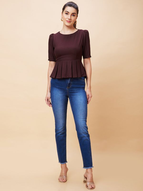 Globus Women Brown Solid Round Neck Pleated Casual Top