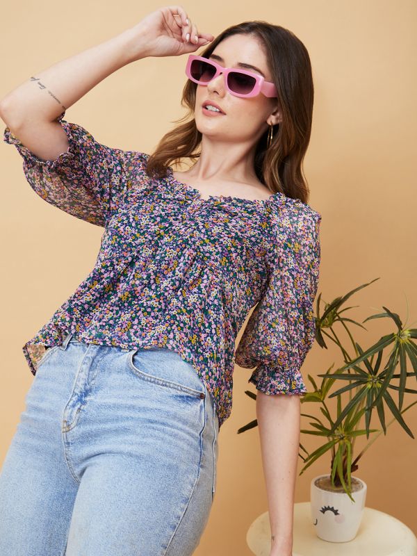 Globus Women Multicolor Ditsy Floral Fit and Flare Top