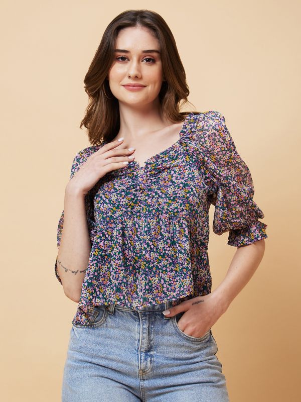 Globus Women Multicolor Ditsy Floral Fit and Flare Top