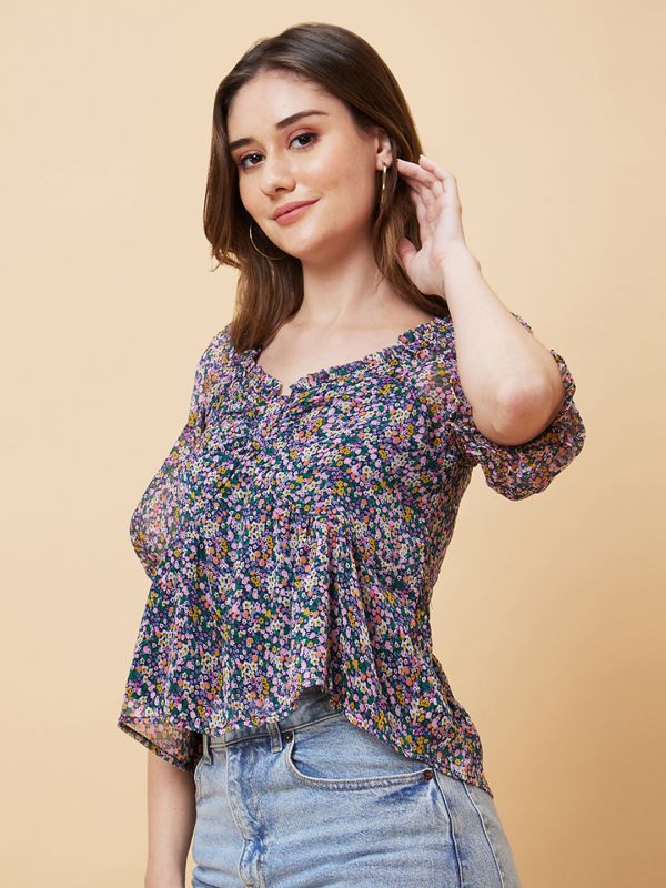 Globus Women Multicolor Ditsy Floral Fit and Flare Top
