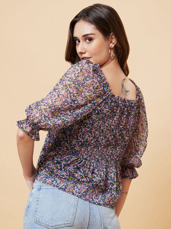 Globus Women Multicolor Ditsy Floral Fit and Flare Top