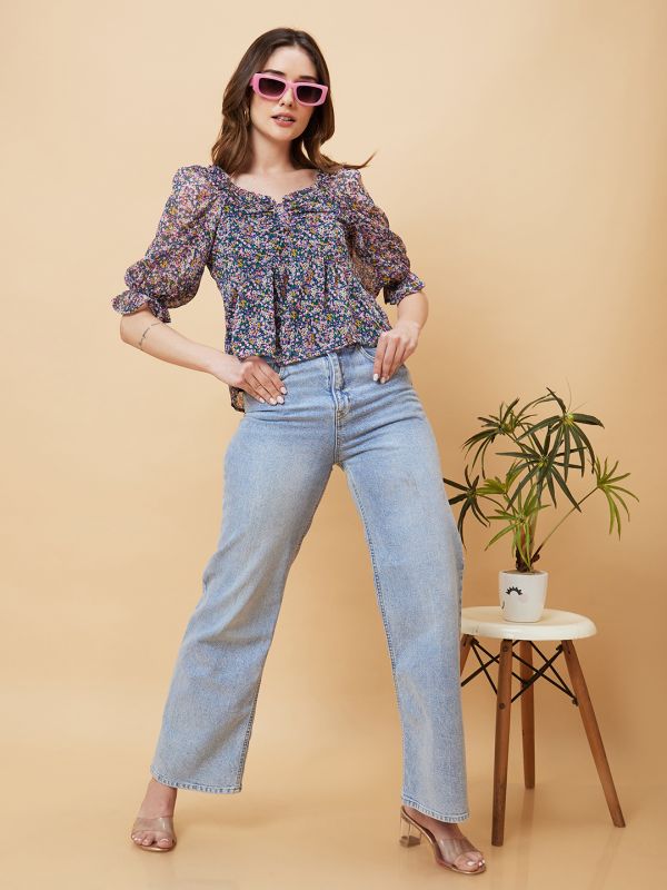 Globus Women Multicolor Ditsy Floral Fit and Flare Top