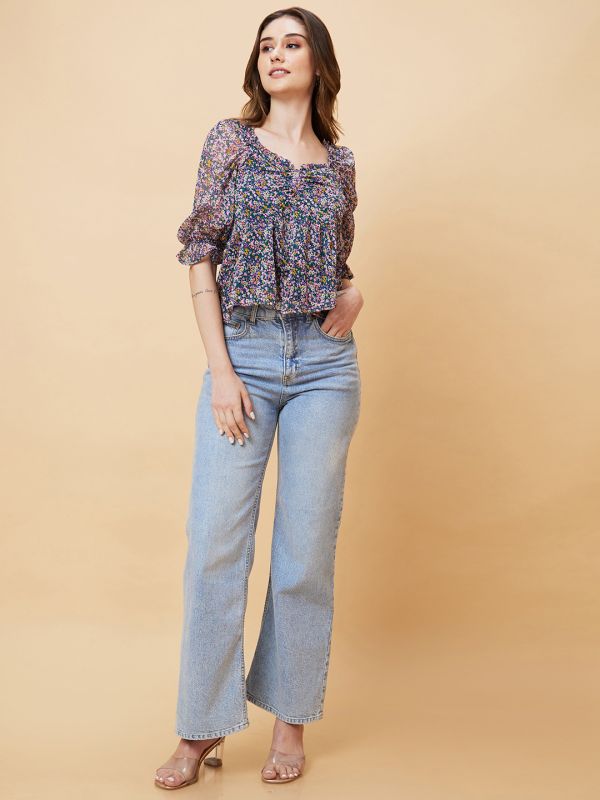 Globus Women Multicolor Ditsy Floral Fit and Flare Top