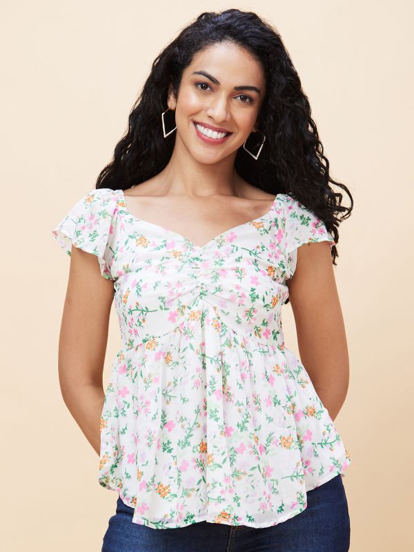 Globus Women Off White Floral Print Ruched Sweetheart Neck Smocking Casual Top